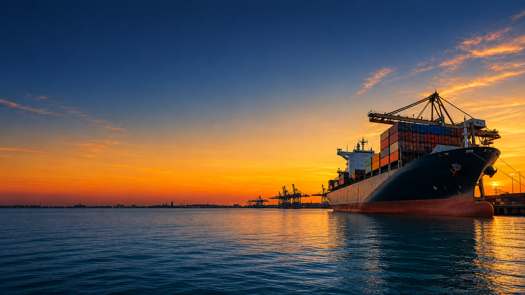 Loaded container ship at sea under a warm sunset sky